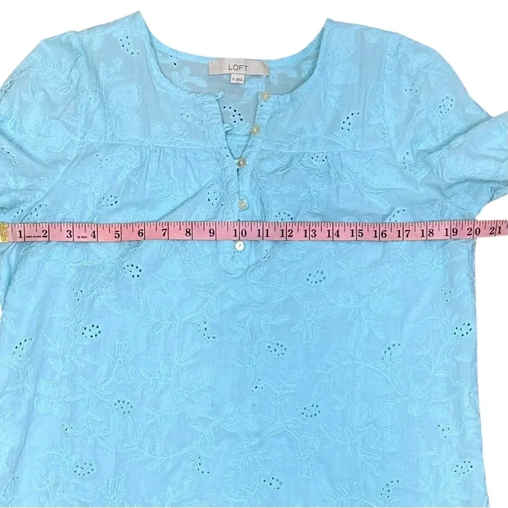 LOFT Light Aqua Blue Eyelet Embroidered Blouse Size M - Picture 10 of 11
